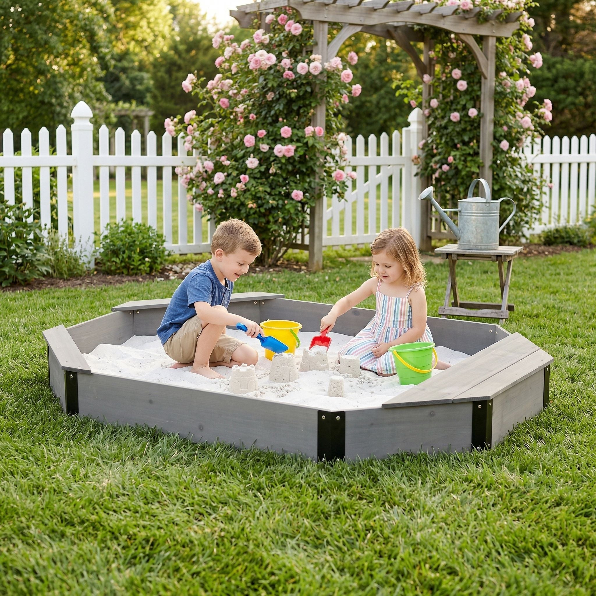 Octagon Sandbox With Storage, Sandpit With Cover And Liner For Backyard