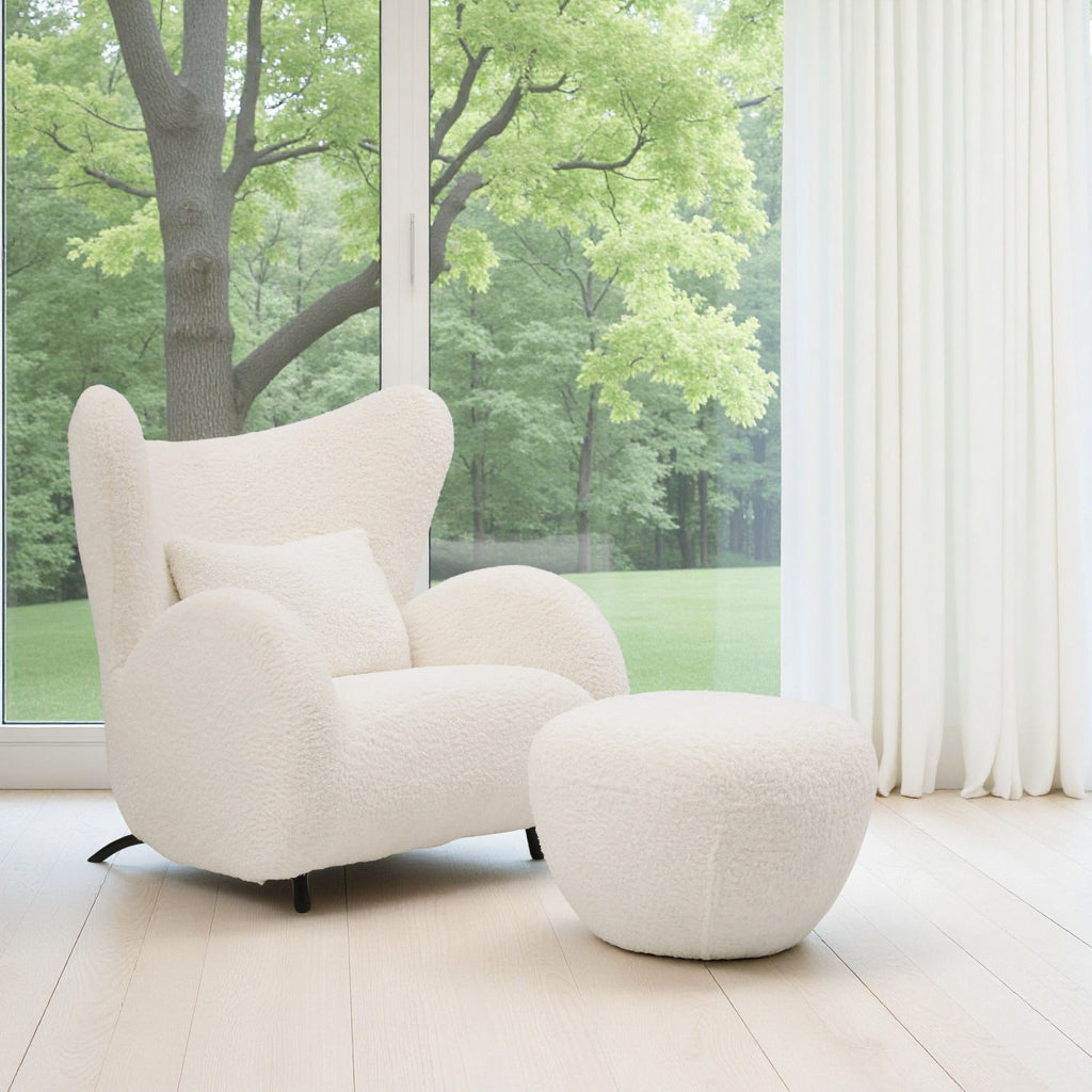 Wingback Armchair & Ottoman Combo For Living Room - White