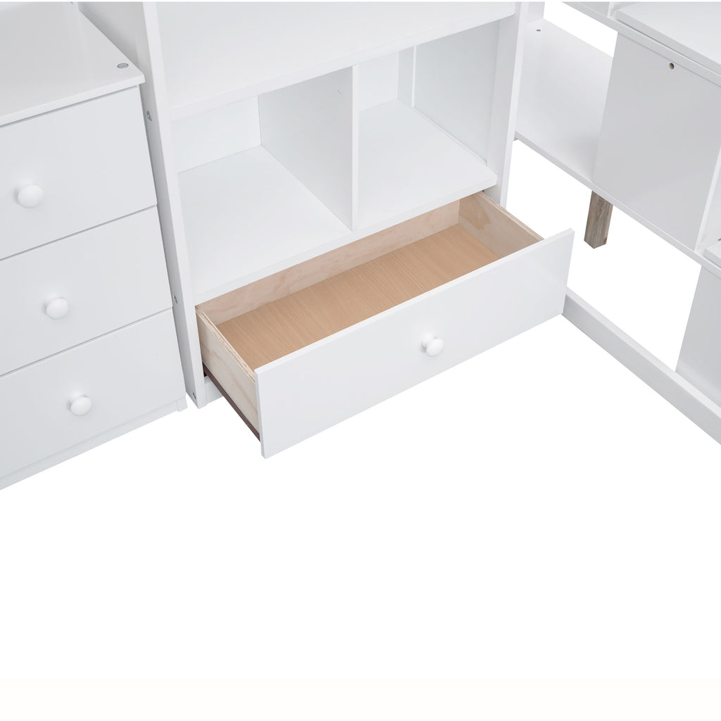 Loft Bed With L Shaped Desk, Drawers, Cabinet, And Storage Staircase