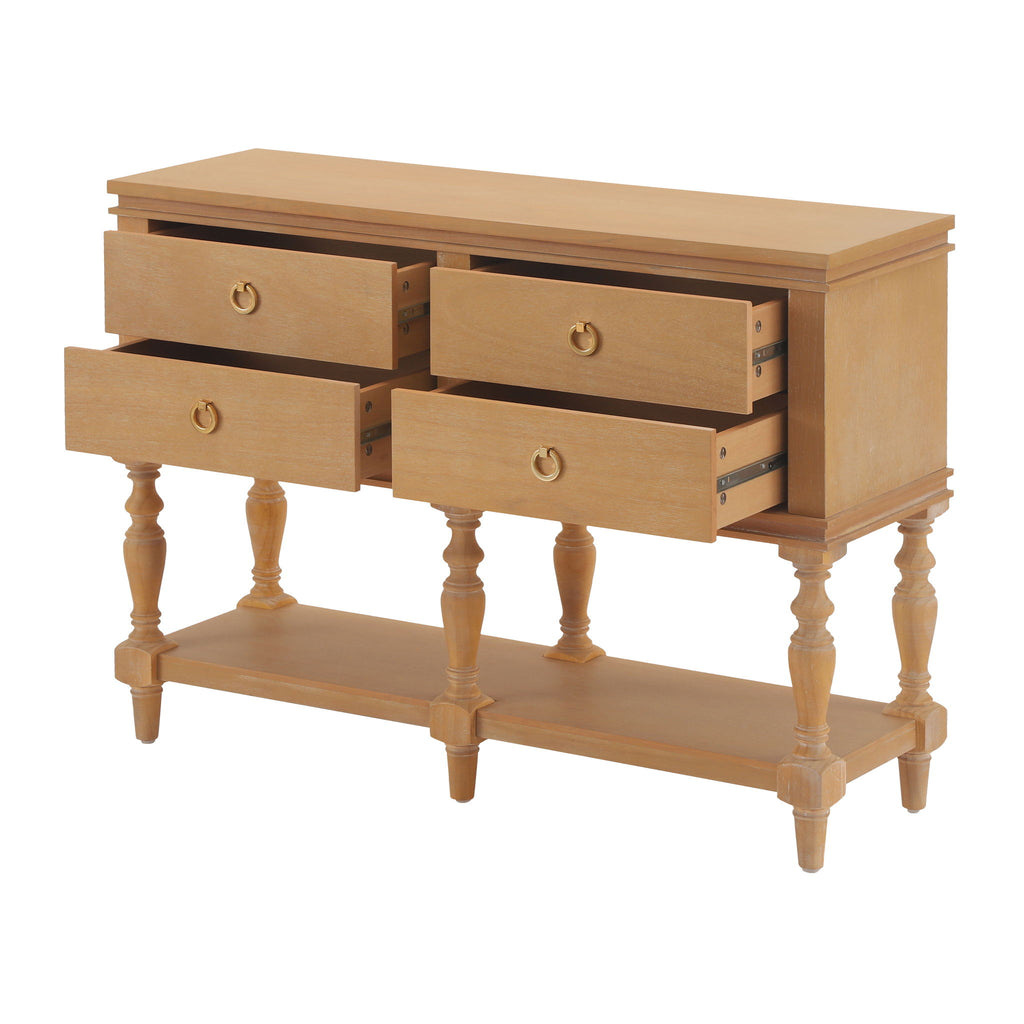 Console Table With 4 Soft Close Drawers, Thick Bottom Shelf For Living Room - Natural