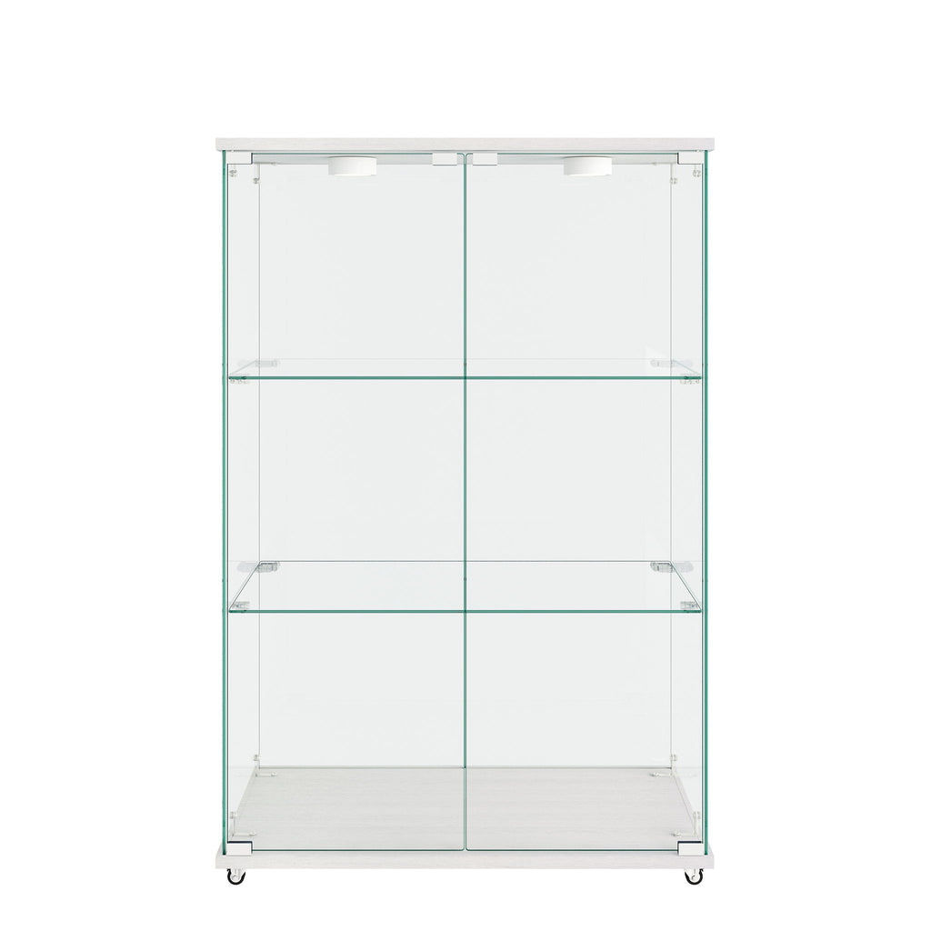 Modern Display Cabinet With LED Lights, Transparent Tempered Glass 2 Door Storage Case With 3 Shelves