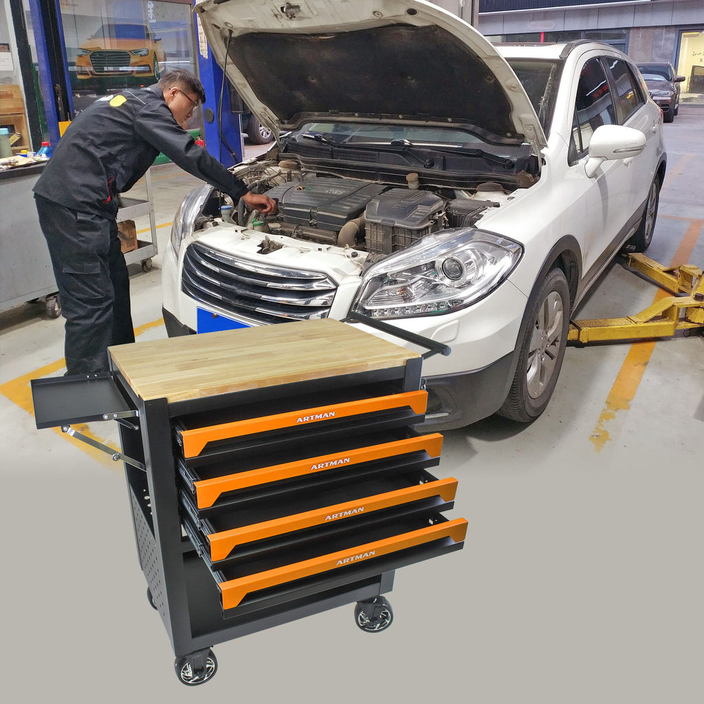 4 Drawers Multifunctional Tool Cart With Wheels And Wooden Top