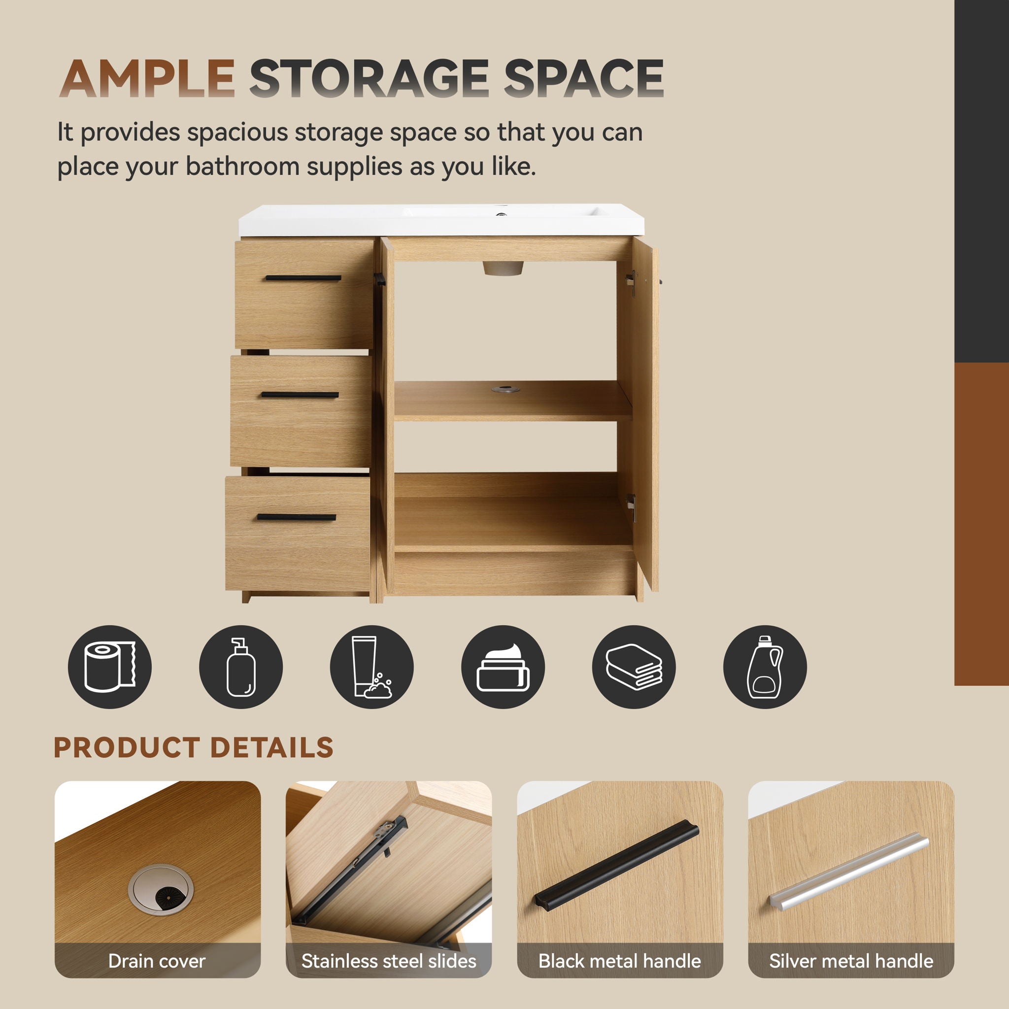 Freestanding Bathroom Vanity Set With Tall Linen Cabinet, 3 Drawers And Large Storage, Single Sink