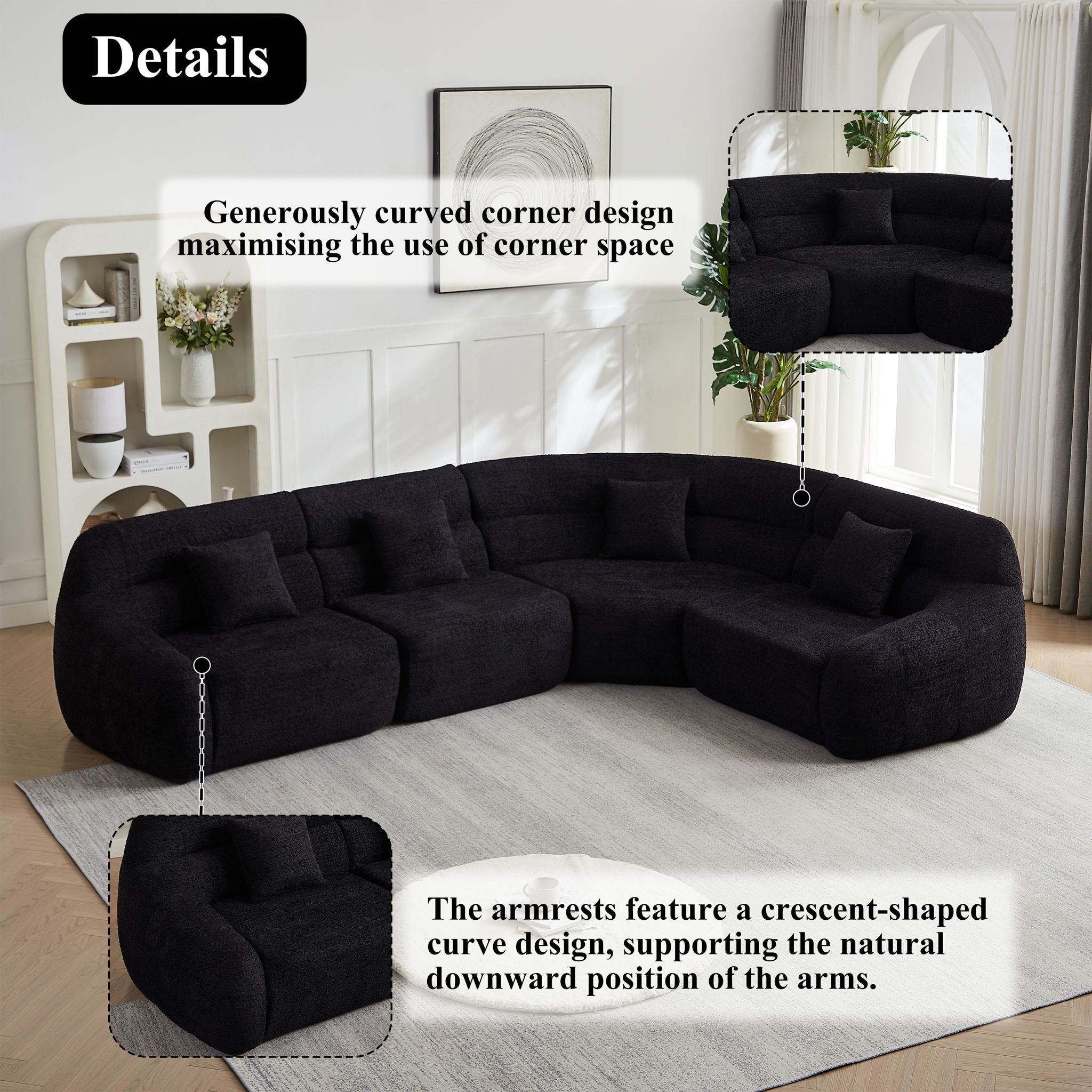 Luxury Curved Corner Sectional Sofa With 4 Pillows