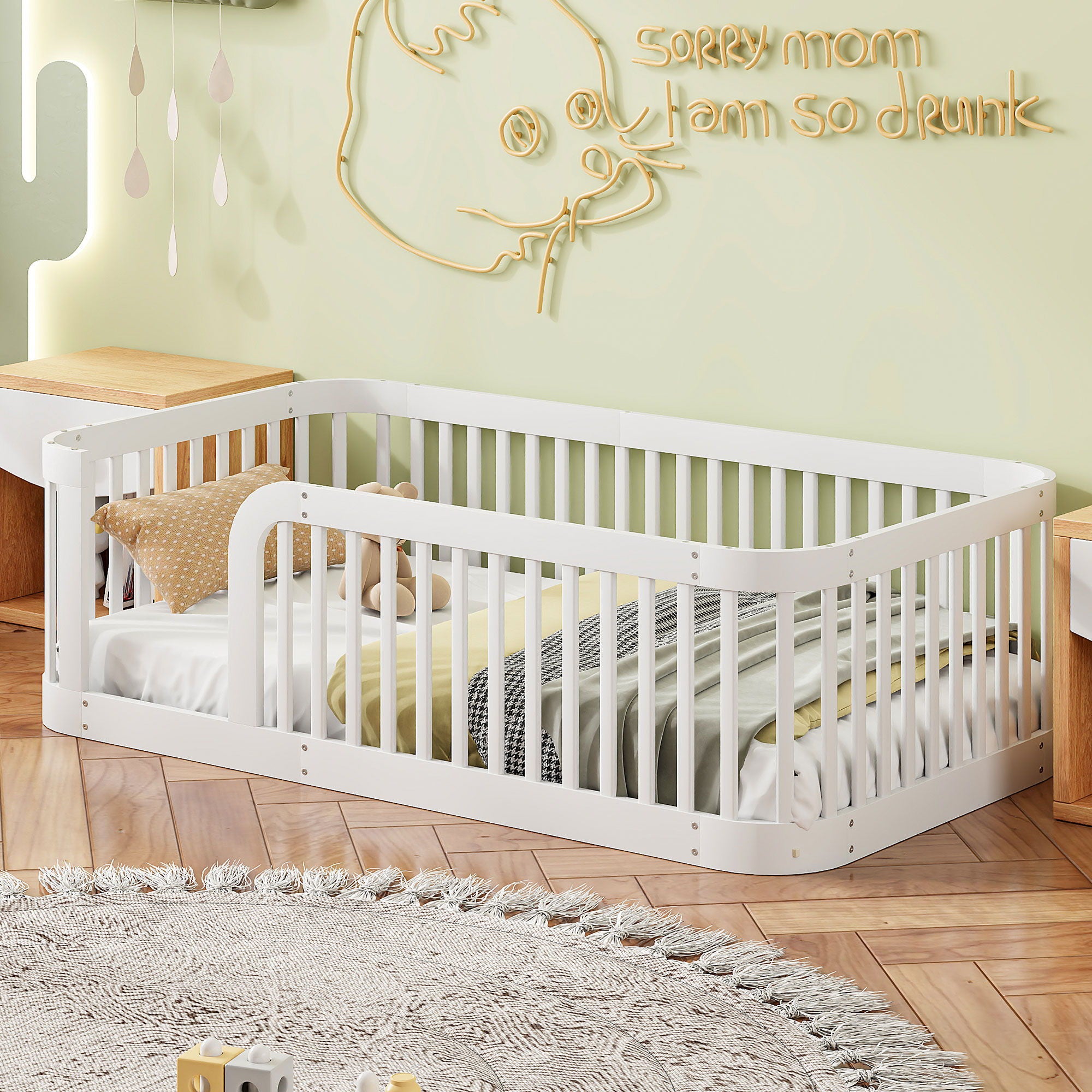 Wood Floor Bed Frame With Fence