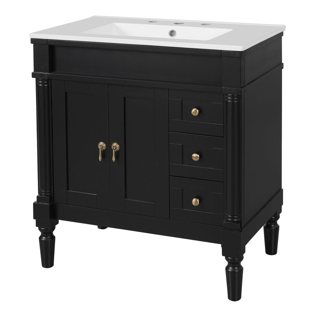 Bathroom Vanity With Ceramic Sink, 2 Doors 3 Drawers, Soft Close Design