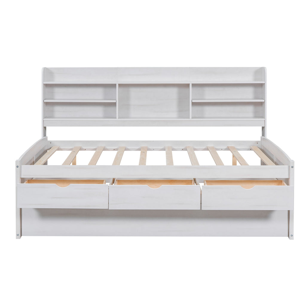 Captain Bed With Built In Bookshelves, 3 Storage Drawers, And Trundle