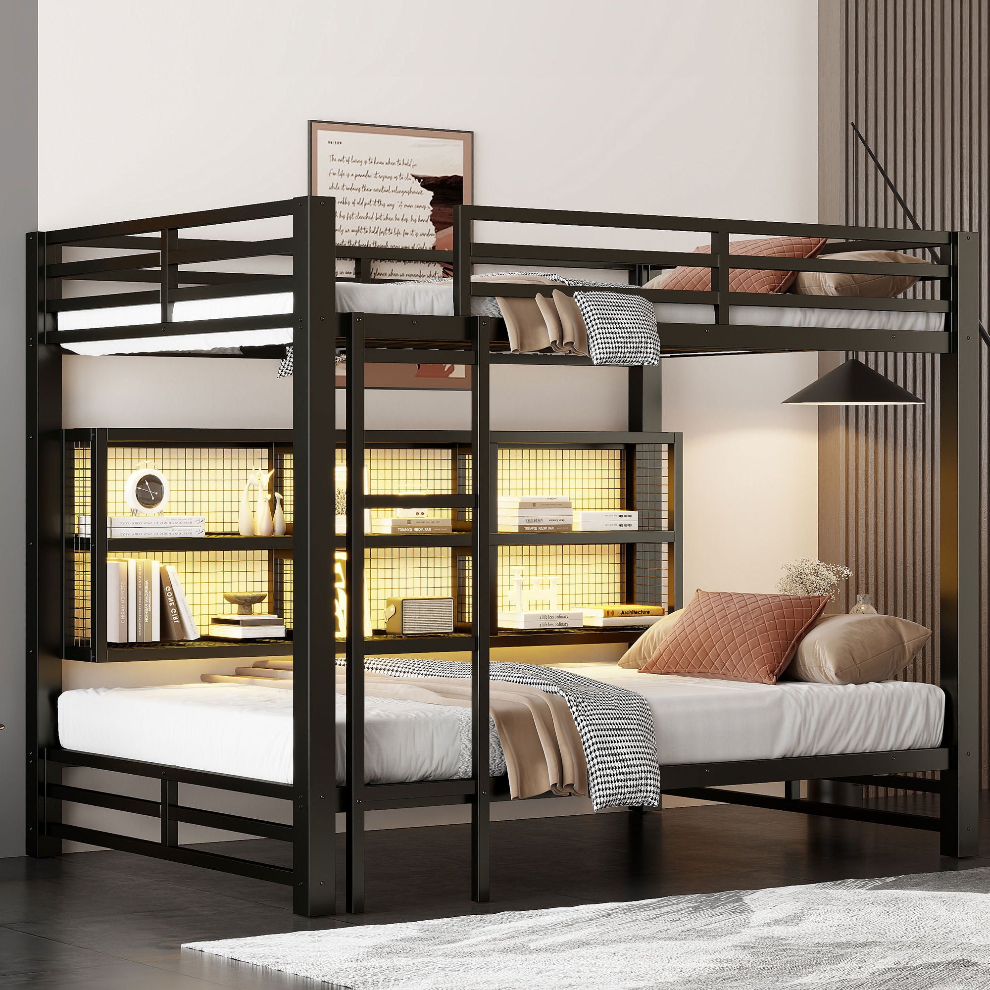 Queen Over Queen Bunk Bed With Storage Cabinets And LED Sturdy Frame, 6 Storage Units, Adjustable LED Lights - Black