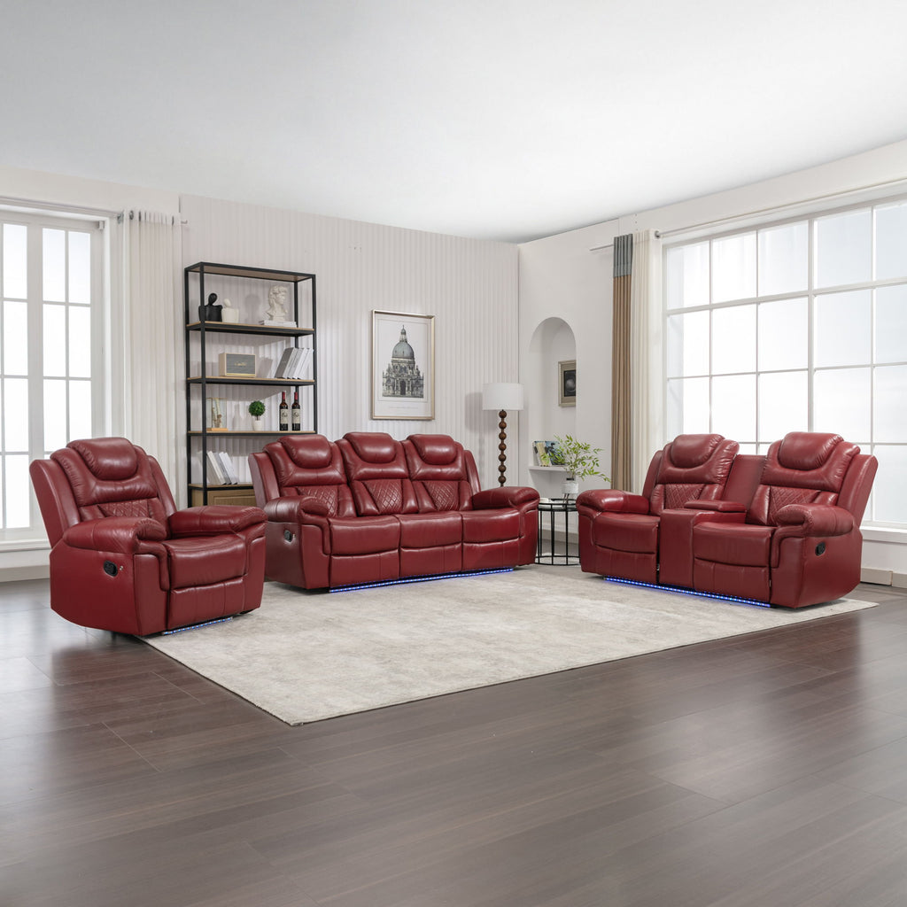 3 Pieces Recliner Sofa Sets Home Theater Seating Manual Recliner Chair With Center Console And LED Light Strip For Living Room