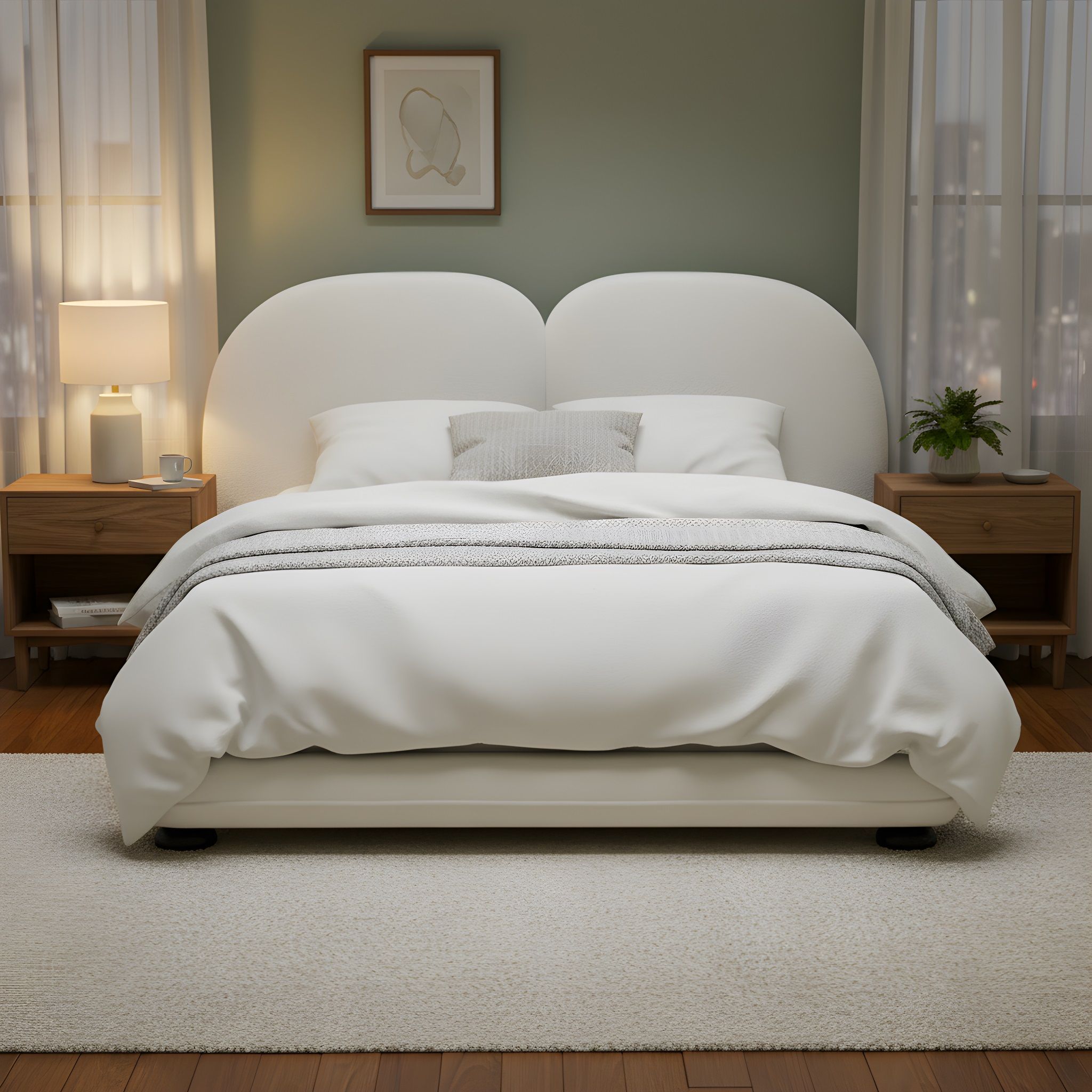 King Size Upholstered Platform Bed With Split Headboard - White