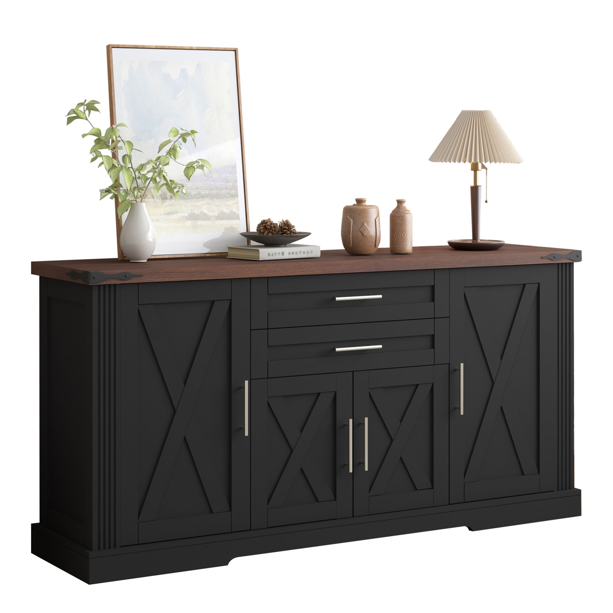 Barn Door Storage Cabinet With 2 Drawers & Door Rack, Adjustable Shelves