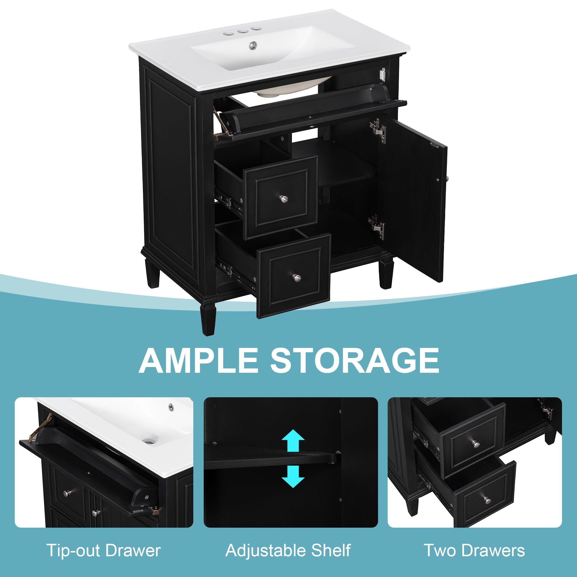 Modern Bathroom Vanity With Sink, Adjustable Shelf, Flip Drawer & 2 Drawers