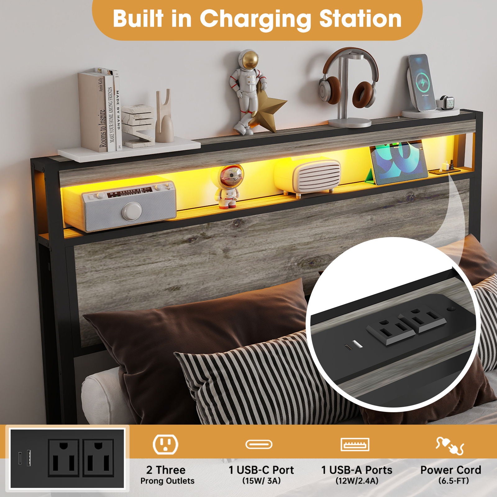 Bed Frame With Headboard, LED Lights & Charging Station