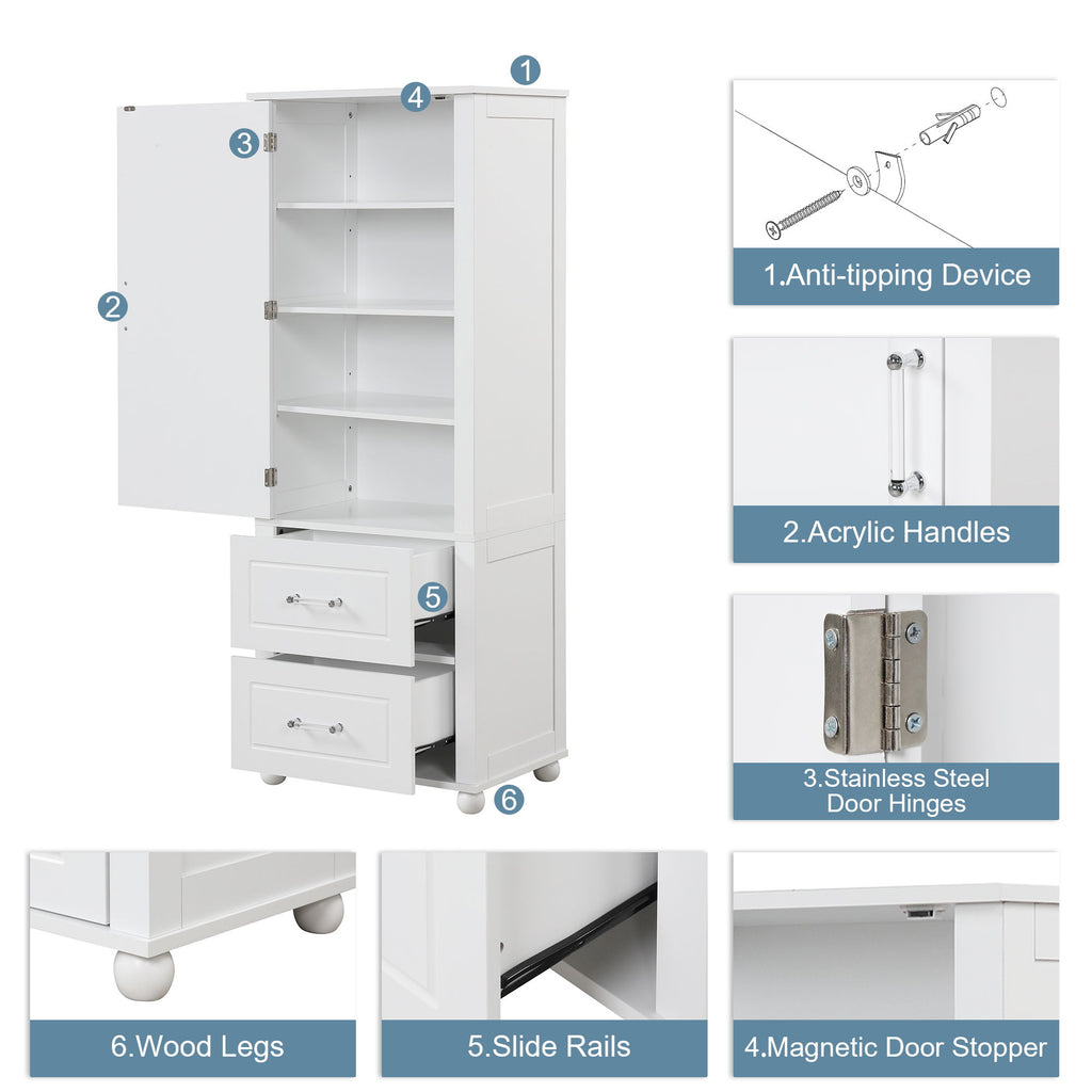 Tall Freestanding Bathroom Storage Cabinet With 2 Drawers And Adjustable Shelf
