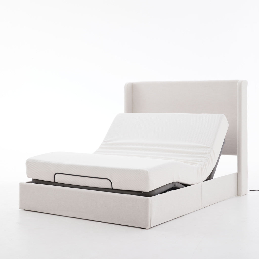 Caron - Queen Size Upholstered Wingback Bed With Adjustable Base Bundle Set - Ivory