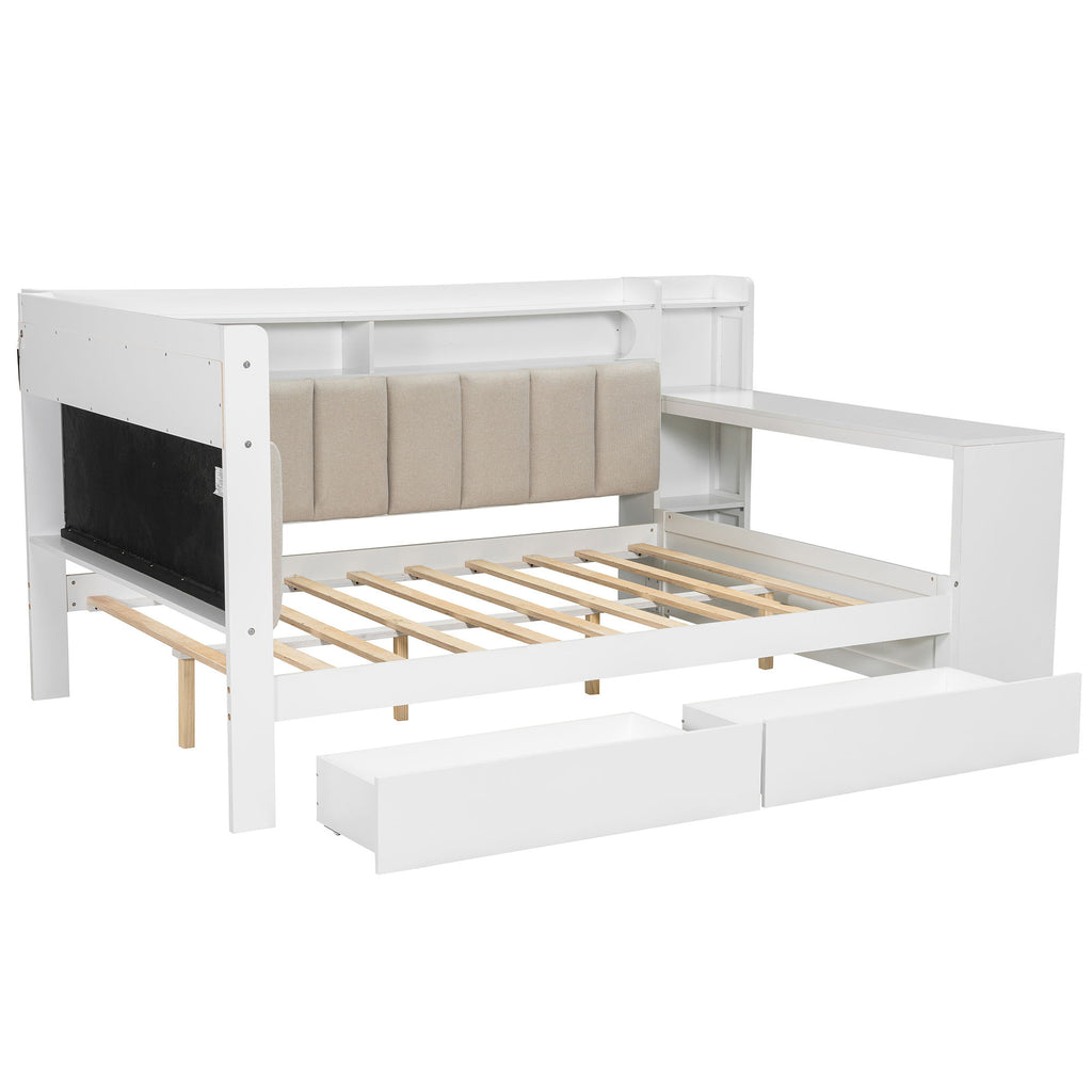 Daybed With Upholstered Headboard, Storage Shelves, Drawers, Charging Station, LED Light, And Adjustable Desk