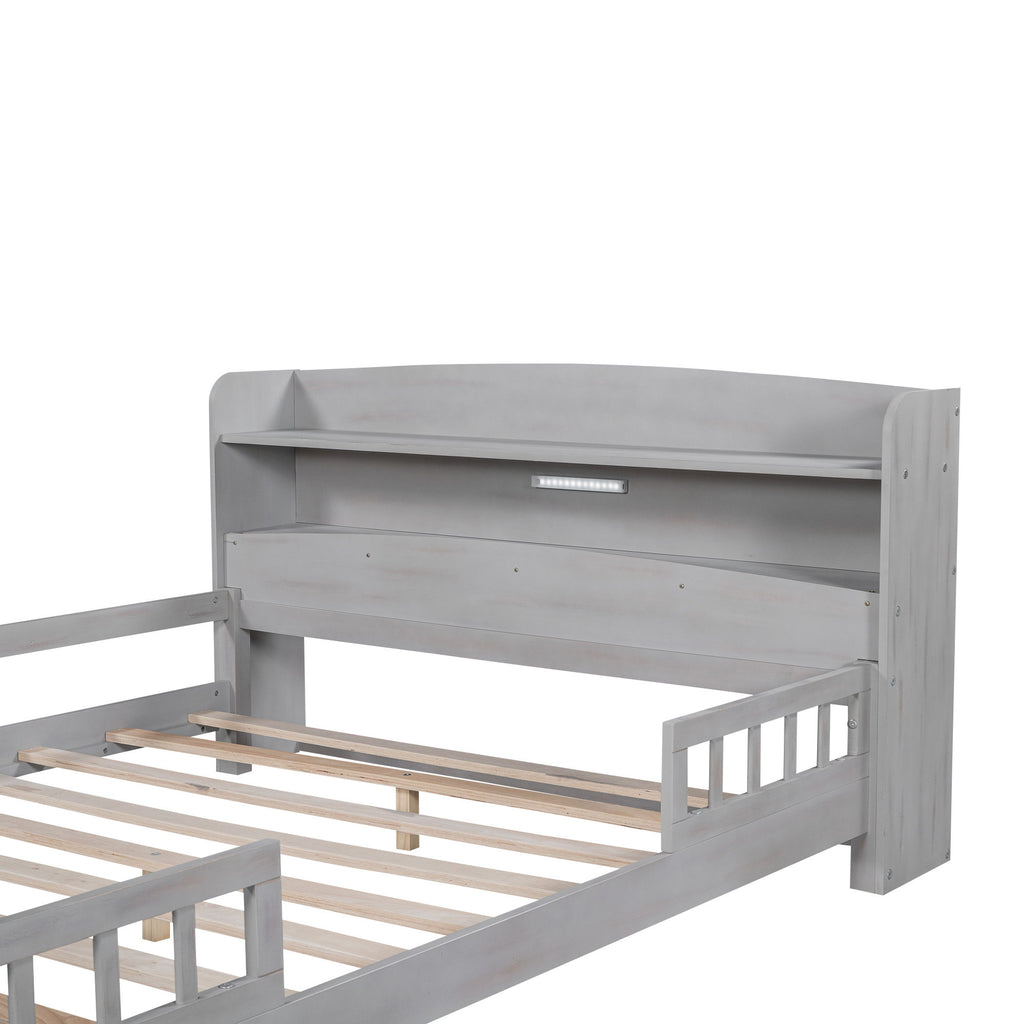 Wood Platform Bed With Built In LED Light, Storage Headboard And Guardrail
