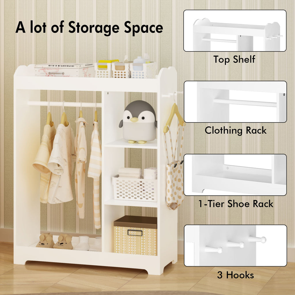 Dress Up Storage With Mirror And Hooks, Clothes Rack With Hanging Rod, 3 Side Hooks, Open Shelves, Top Shelf Organizer - White