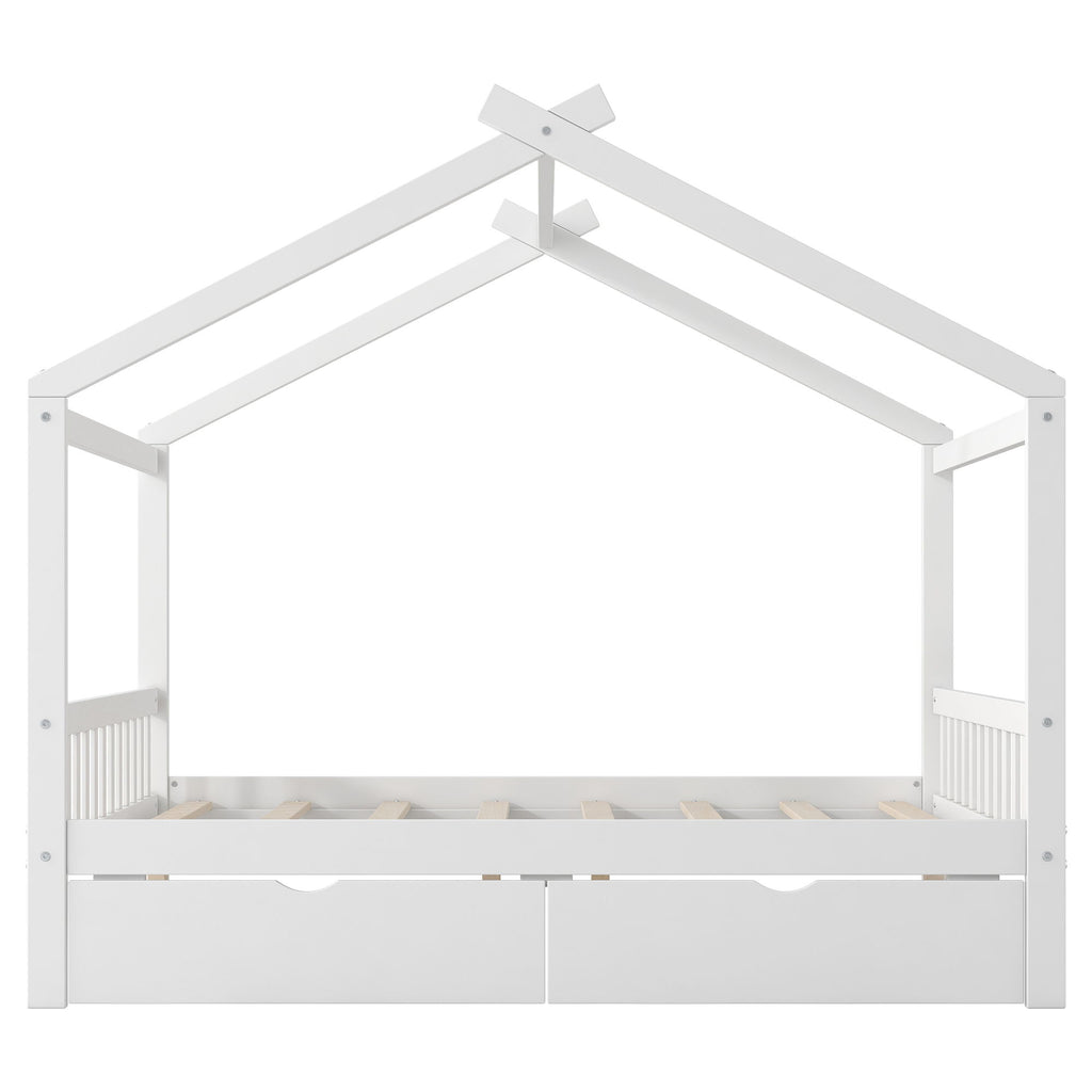 House Style Platform Bed With Headboard, Footboard, 2 Drawers, And Roof Design