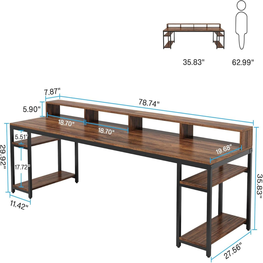 2 Person Desk With Monitor Stand, Long Office Workstation With Dual Storage Shelves And Frame - Brown / Black
