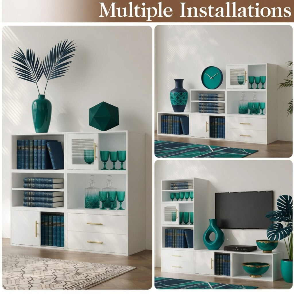 Cube Storage Organizer With Sliding Door Stackable Modular Bookshelf & Storage Cabinet - White