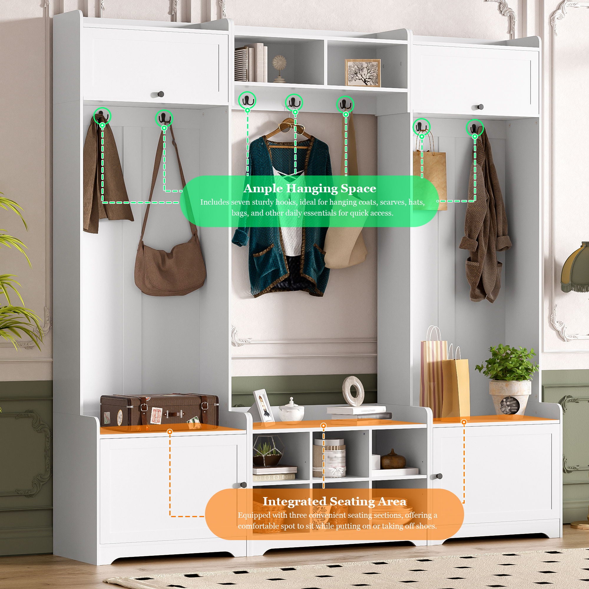 Wide Hall Tree With Shoe Storage, 4 In 1 Entryway Bench With 8 Cubbies, 7 Coat Hooks & Adjustable Shelf For Hallway - White
