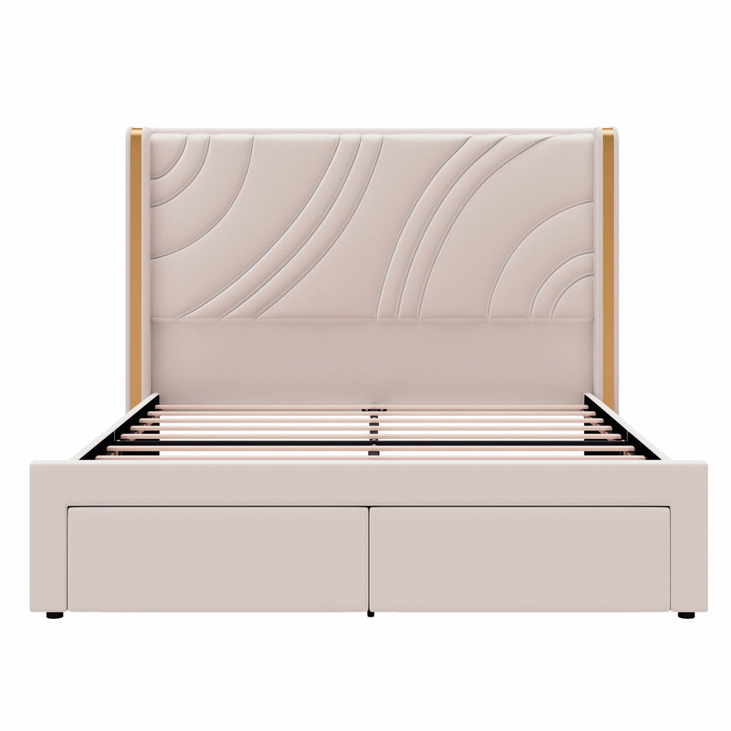 Modern Upholstered LED Bed Frame With Storage Drawers, Wingback Headboard, RGB Light