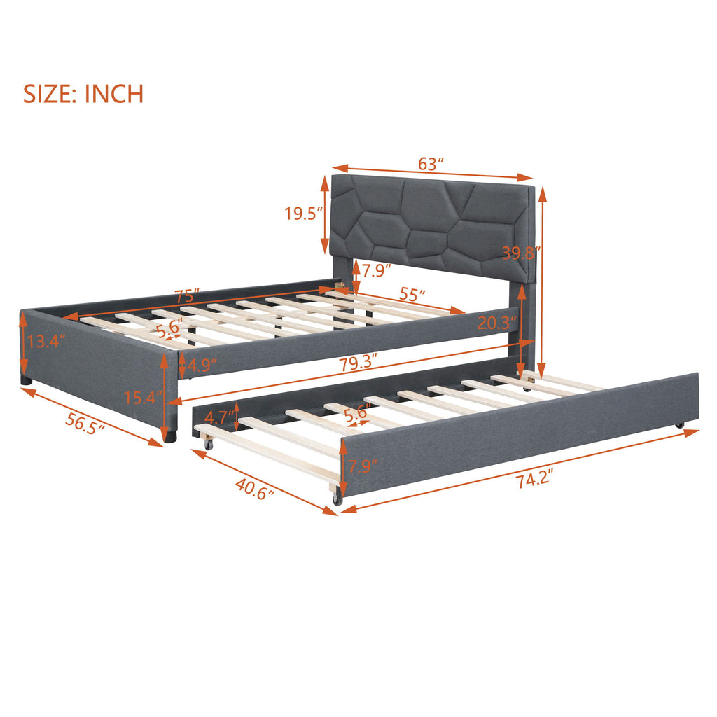 Upholstered Platform Bed With Brick Pattern Headboard And Twin Long Size Trundle