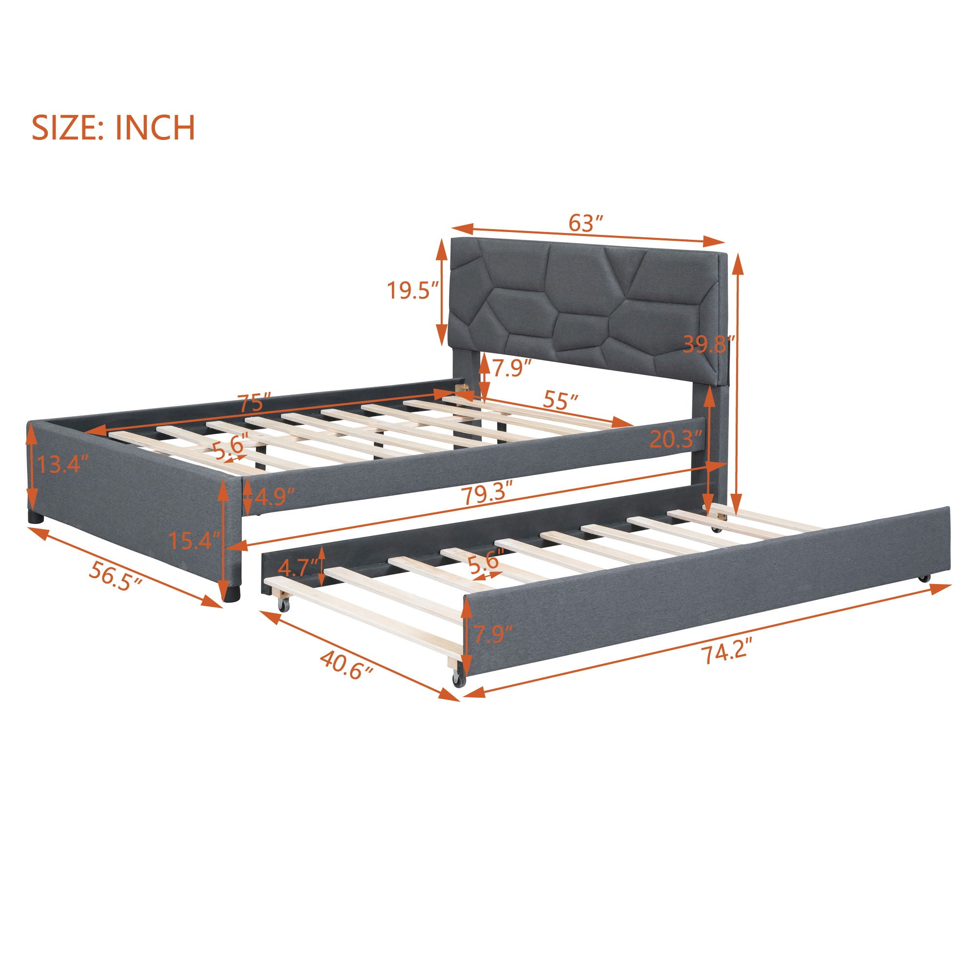 Upholstered Platform Bed With Brick Pattern Headboard And Twin Long Size Trundle