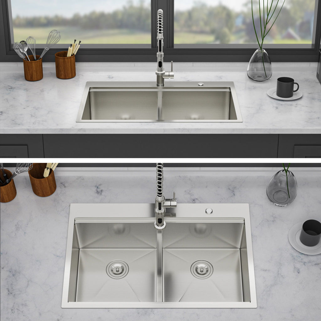 Topmount Drop In Kitchen Sink, Double Bowl Stainless Steel - Brushed Nickel