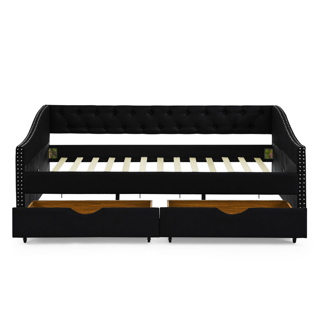 Upholstered Tufted Daybed With 2 Drawers, Waved Arms