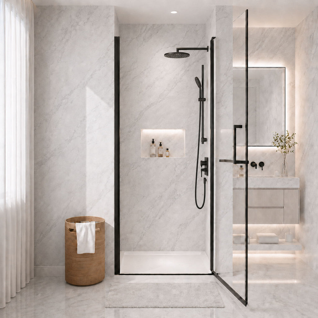 Semi-Frameless Pivot Shower Door With Adjustable Width, Reversible Installation