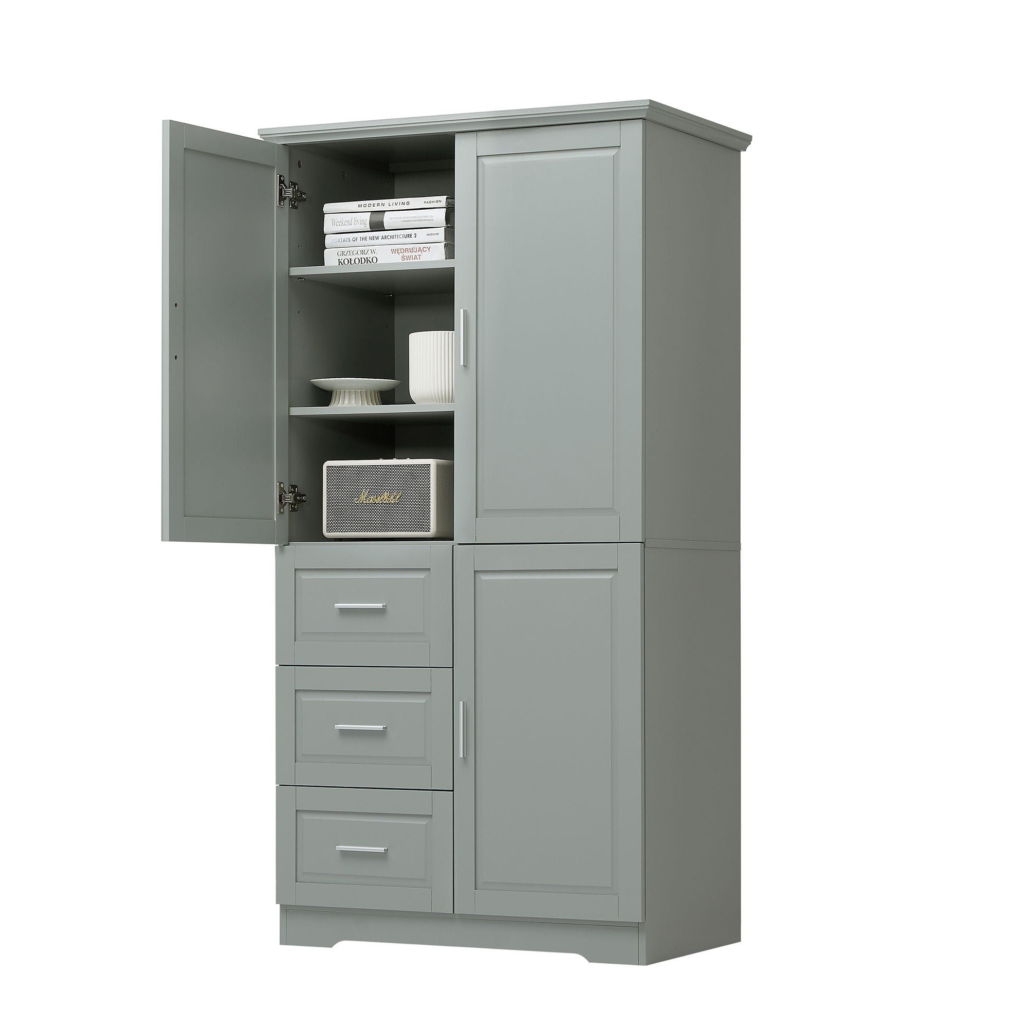 Tall And Wide Storage Cabinet With Doors For Bathroom Or Office, 3 Drawers - Gray