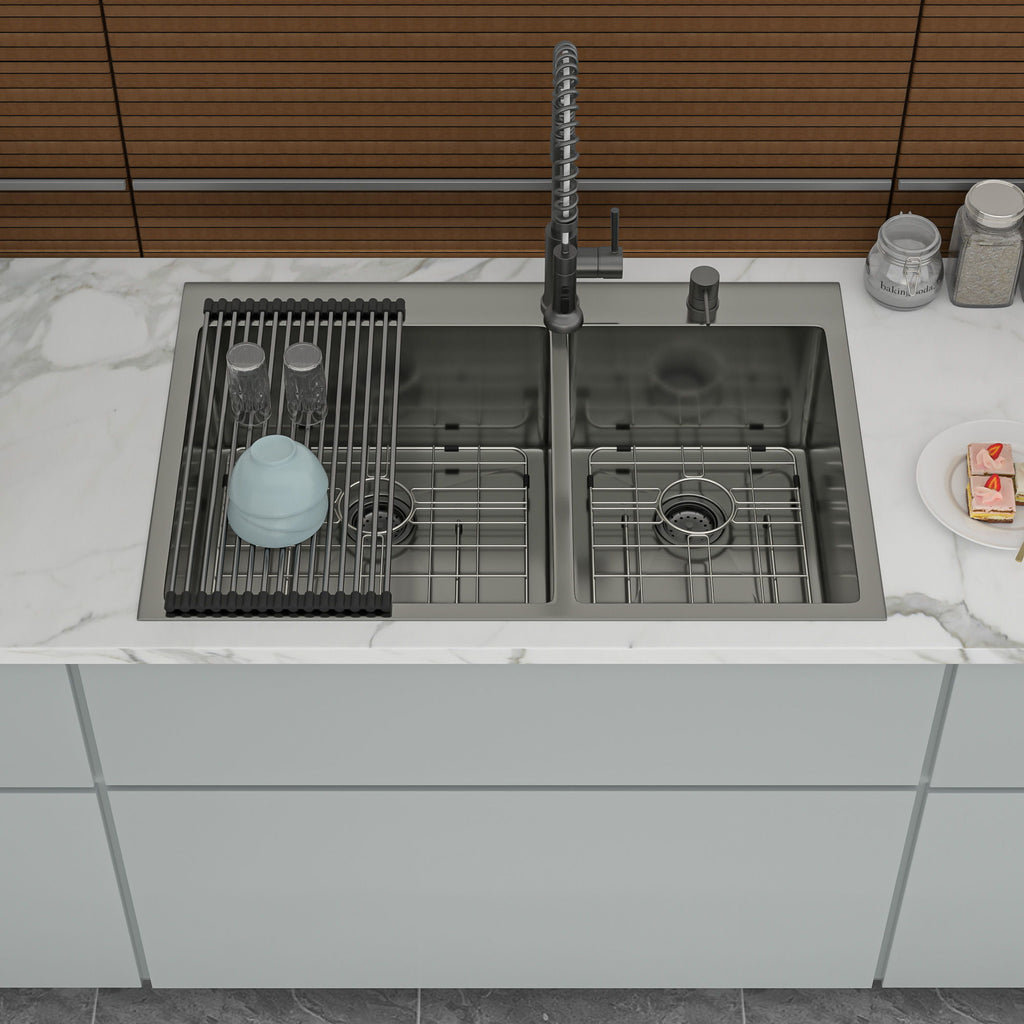 Double Bowl Drop In Sink With 2 - 9" Deep Basins - Gunmetal Black