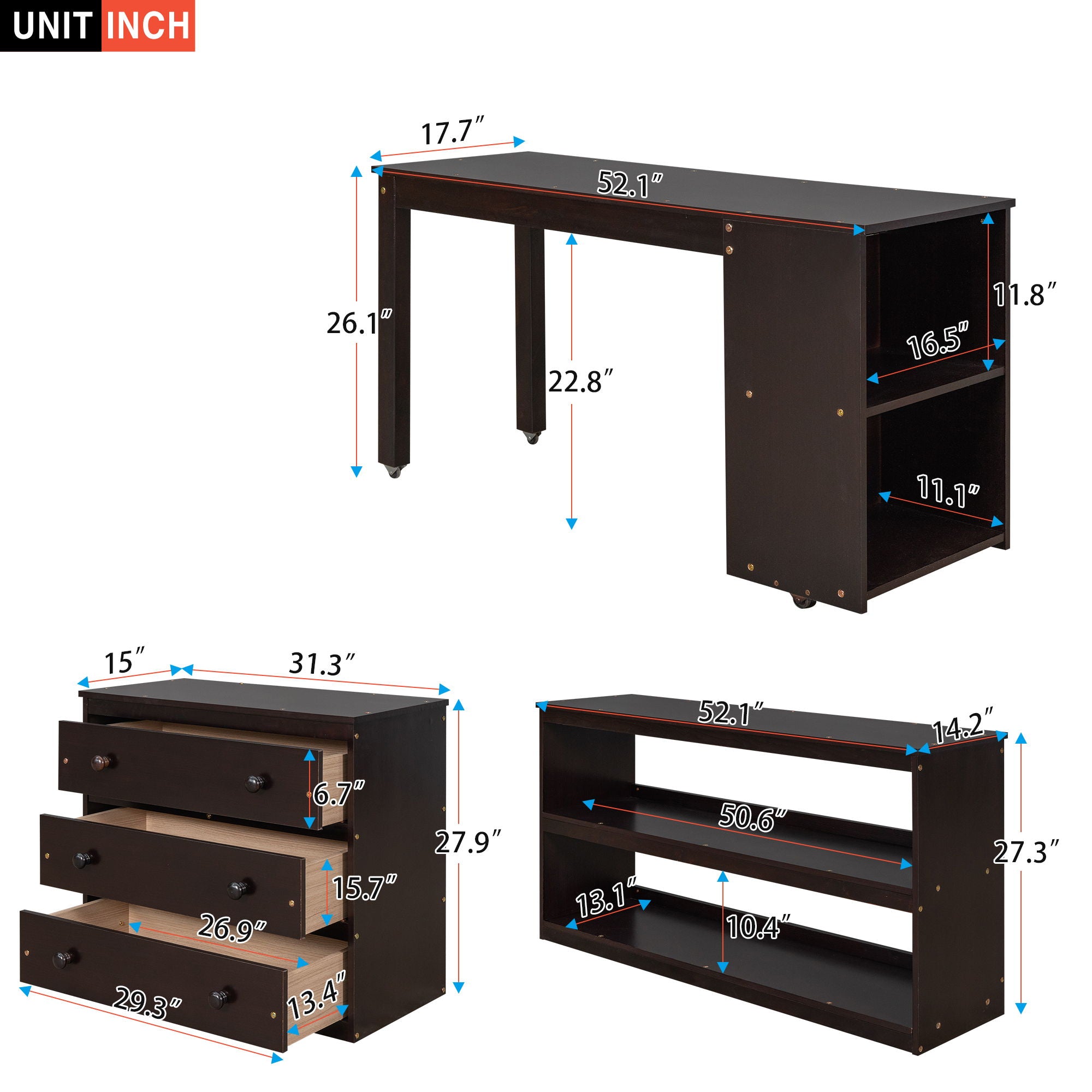 Loft Low Study Bed With Cabinet, Shelves And Rolling Portable Desk, Multiple Functions