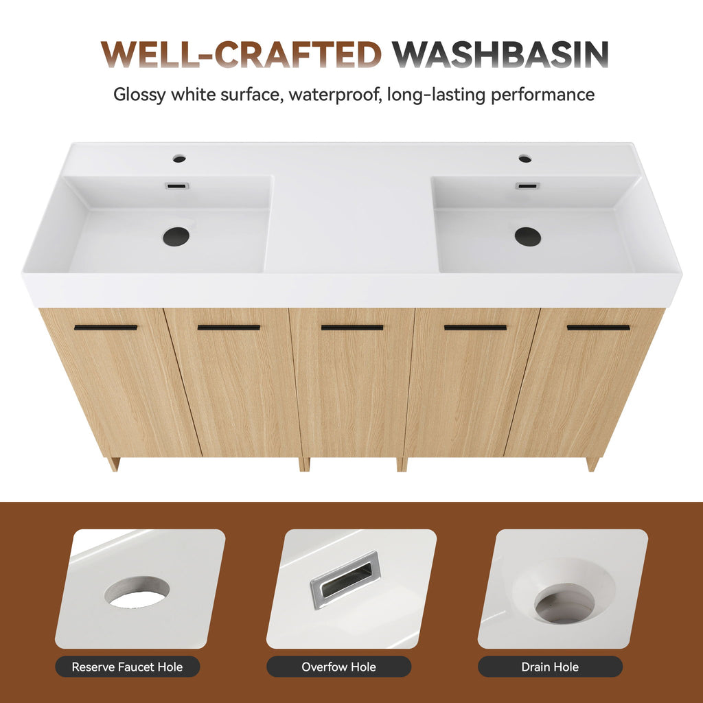 Double Sink Bathroom Vanity With Extra Large Storage, Integrated Sink, Freestanding Cabinet, Soft Close Doors - Glossy White / Light Oak