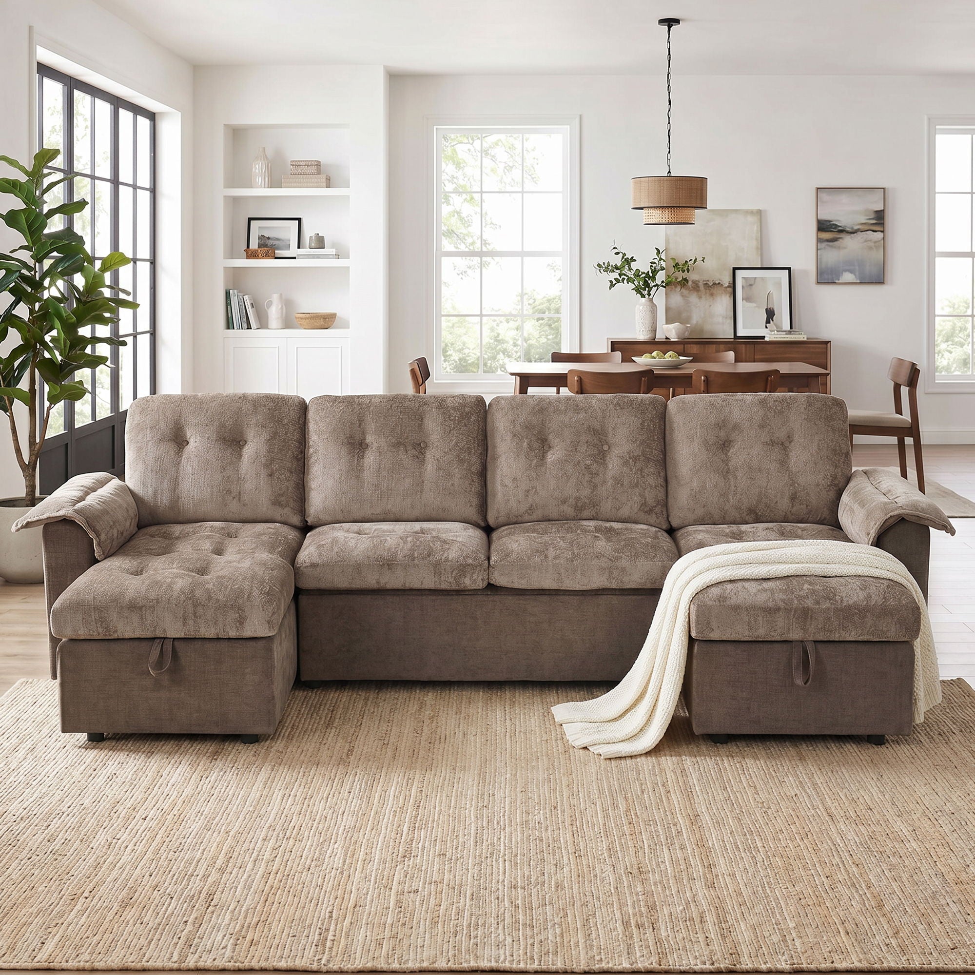 Modern U-Shaped Sleeper Sectional Sofa Bed With USB Ports, Cup Holder, And Hidden Storage
