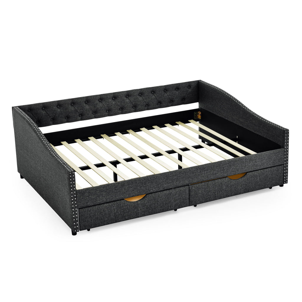 Upholstered Tufted Daybed With 2 Drawers, Waved Arms