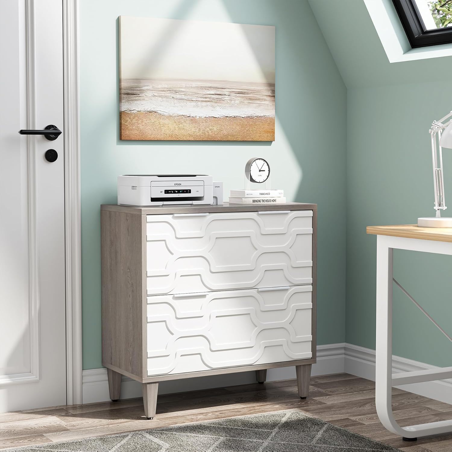 2 Drawer Lateral File Cabinet, Fits A4 / Letter / Legal - Gray / White