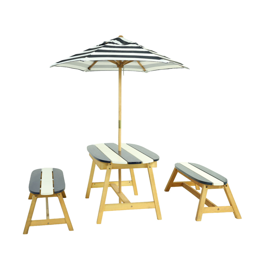 Naturally Playful Kids Picnic Table With Umbrella, Indoor / Outdoor Fun - Blue / White Stripes