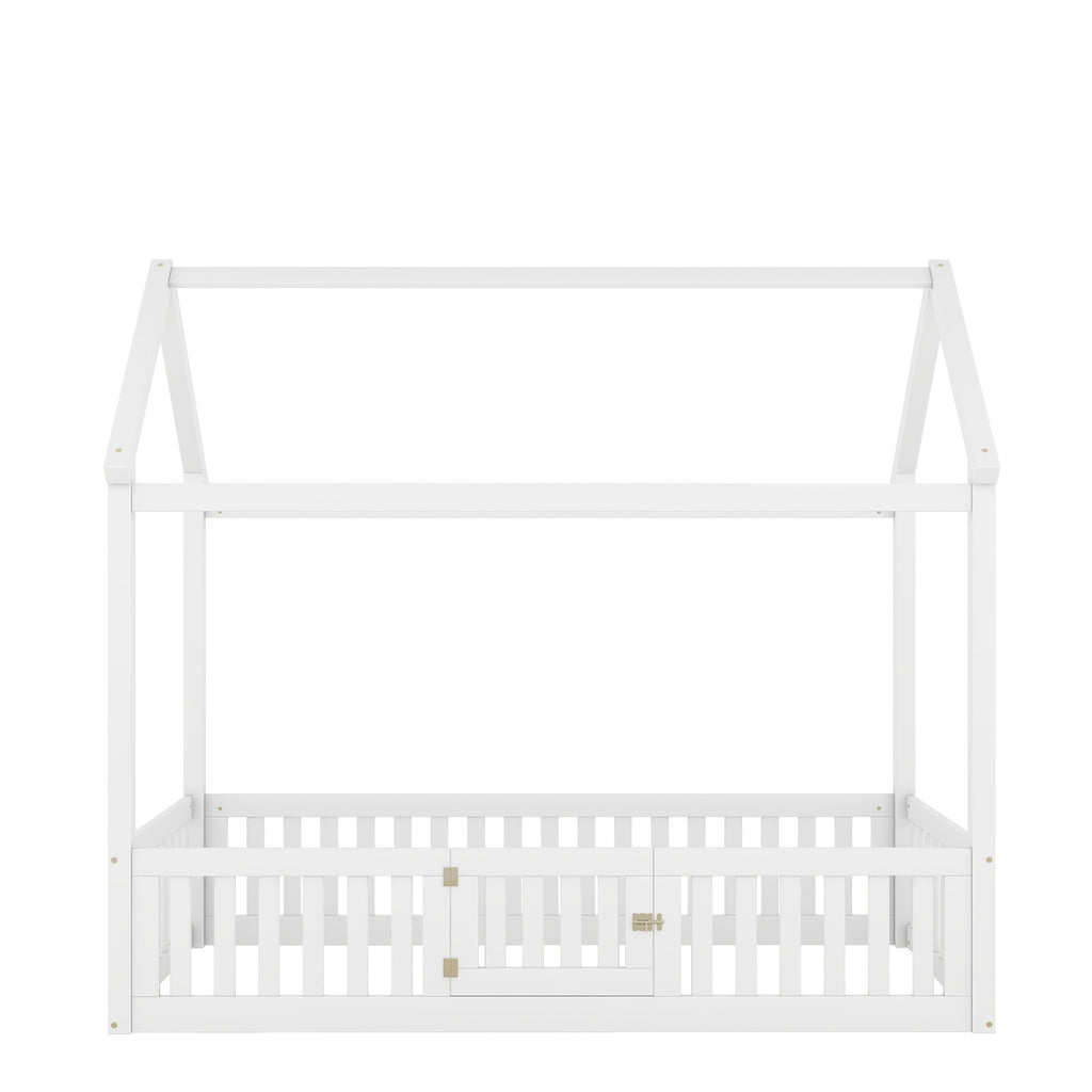Wood House Bed With Fence And Door
