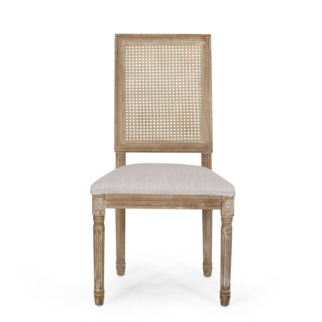 French Country Dining Chair With Rectangular Cane Backrest And Smooth Upholstered Seating