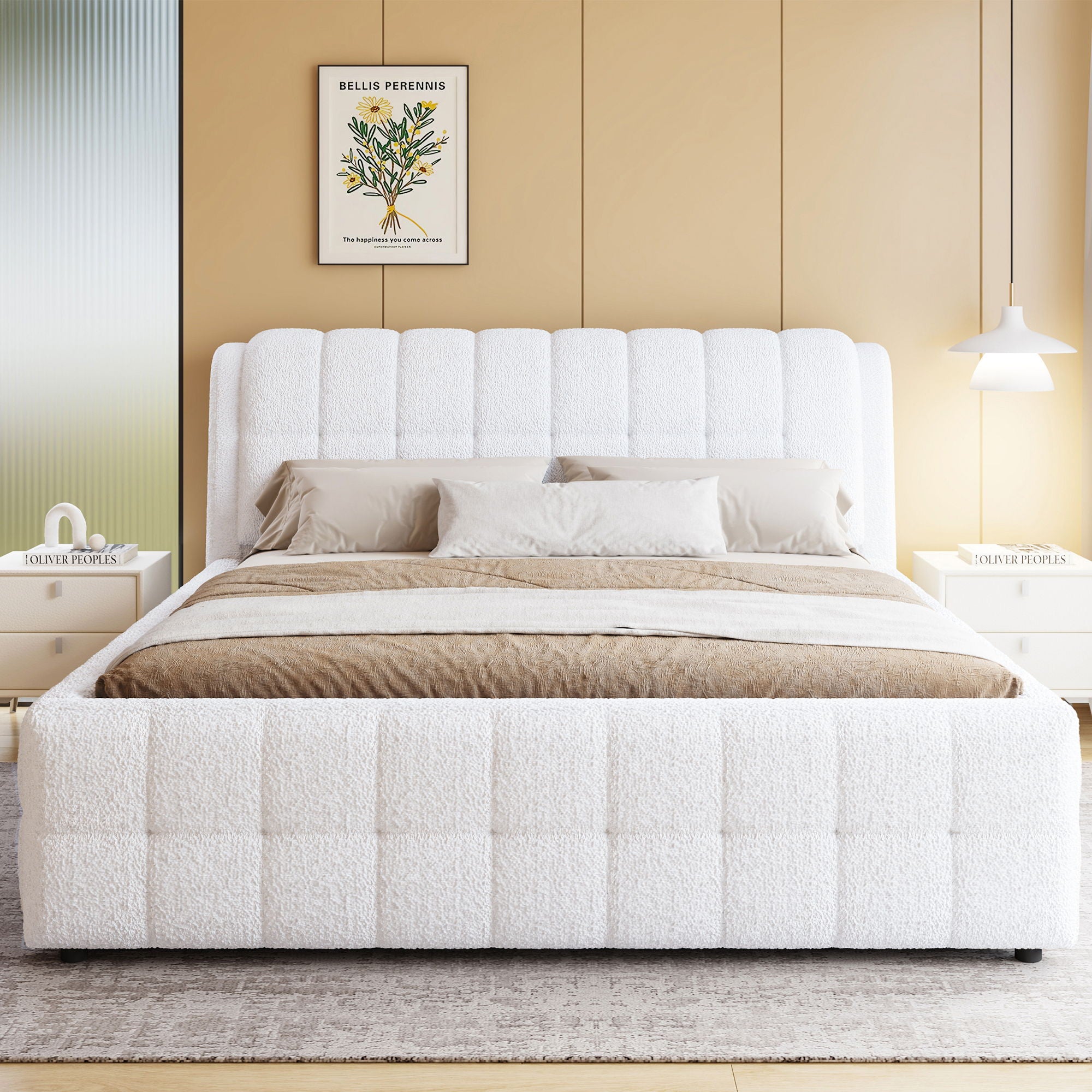Upholstered Platform Bed With Stiching Details