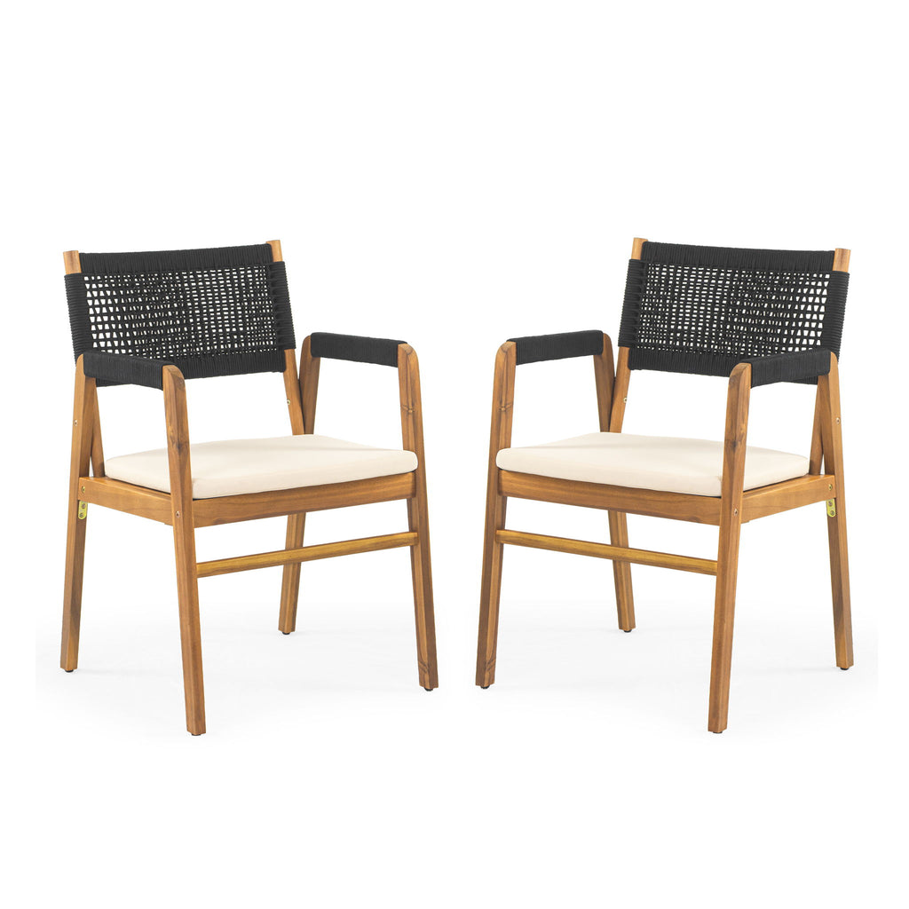 Outdoor 7 Pieces Patio Slat Design Acacia Upholstered Dining Set