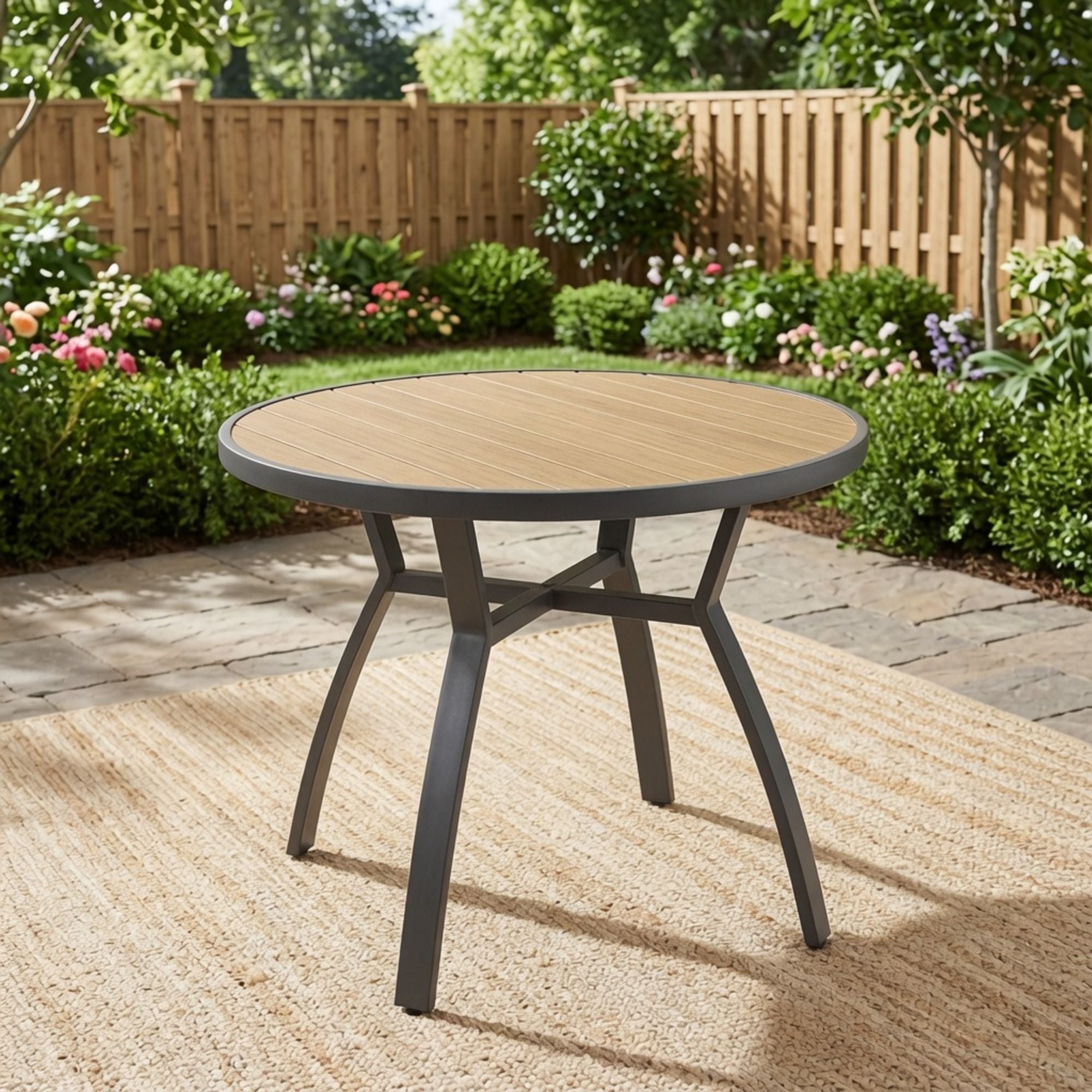 Outdoor Round Patio Table With Slatted Top - Gray