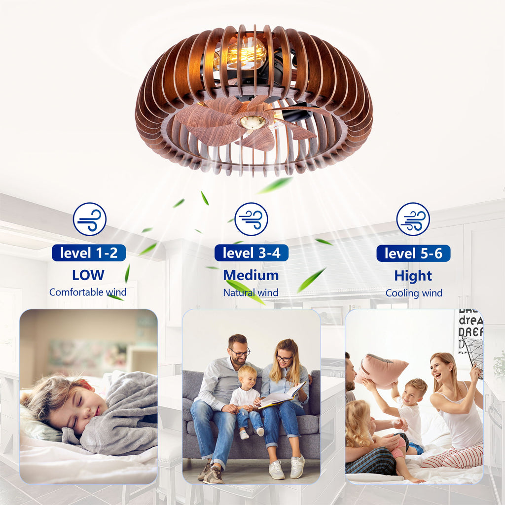 Semicircle Flush Mount Fan Light, (No Included Bulbs) And Remote Control, 6 Speeds, Quiet DC Motor For Living Room - Wood