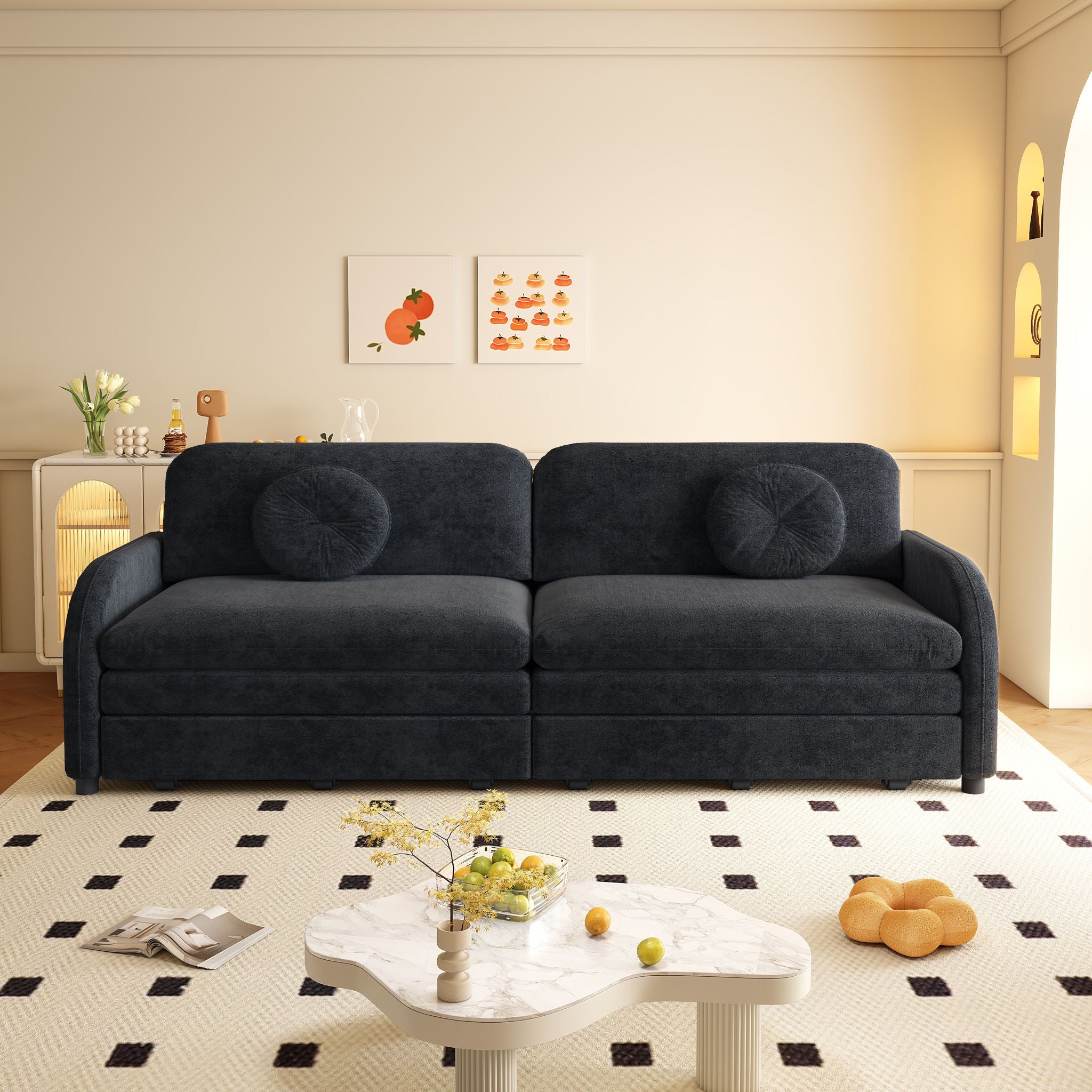 Upholstered Pull Out Couch With Side Pocket & USB Port