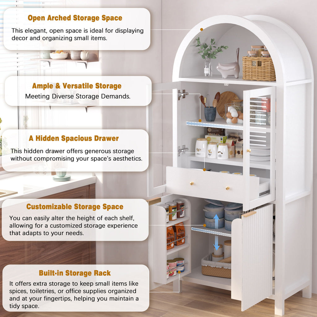 Fluted Tall Arched Pantry Cabinet With Adjustable Shelves, Glass Door & Hidden Drawer For Kitchen
