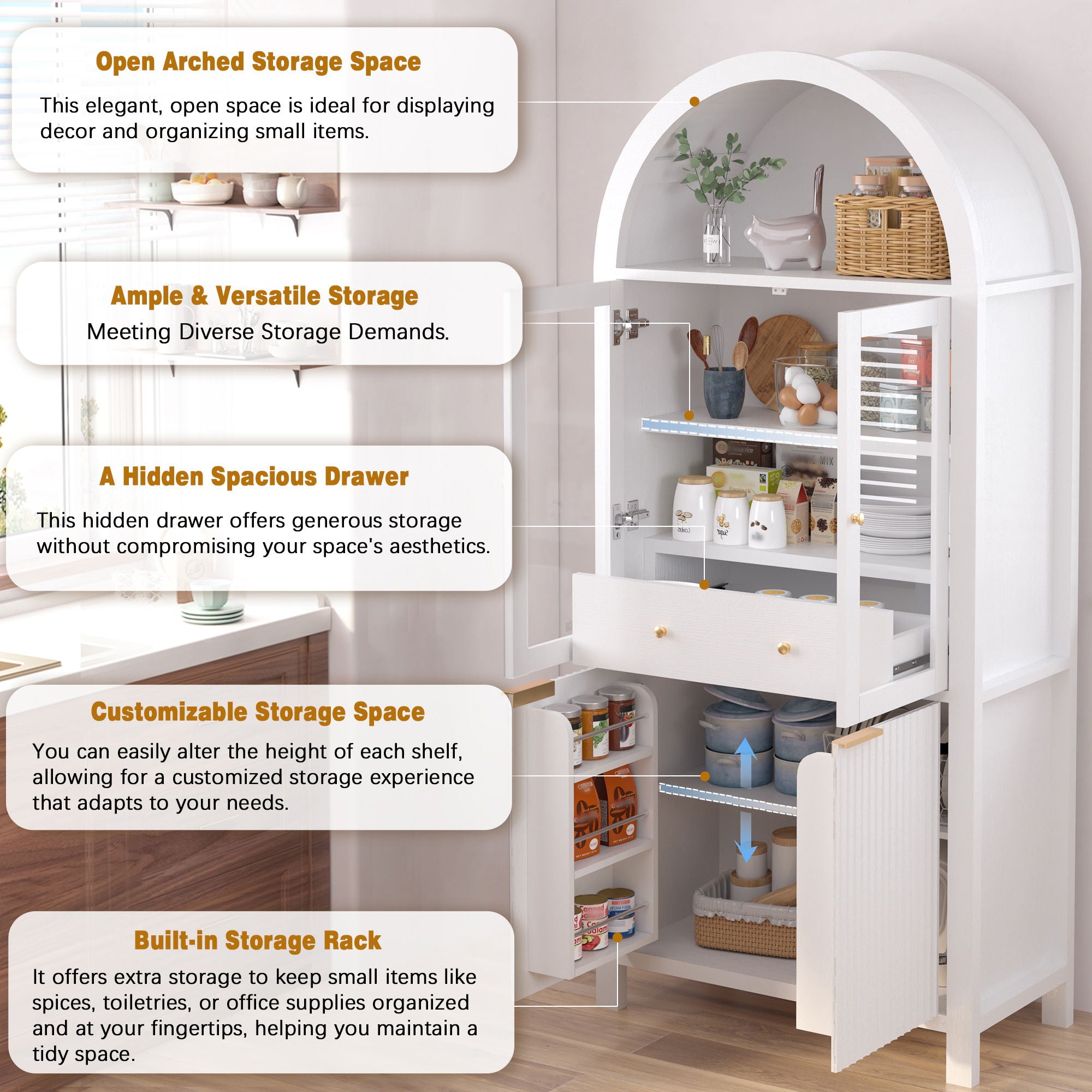 Fluted Tall Arched Pantry Cabinet With Adjustable Shelves, Glass Door & Hidden Drawer For Kitchen