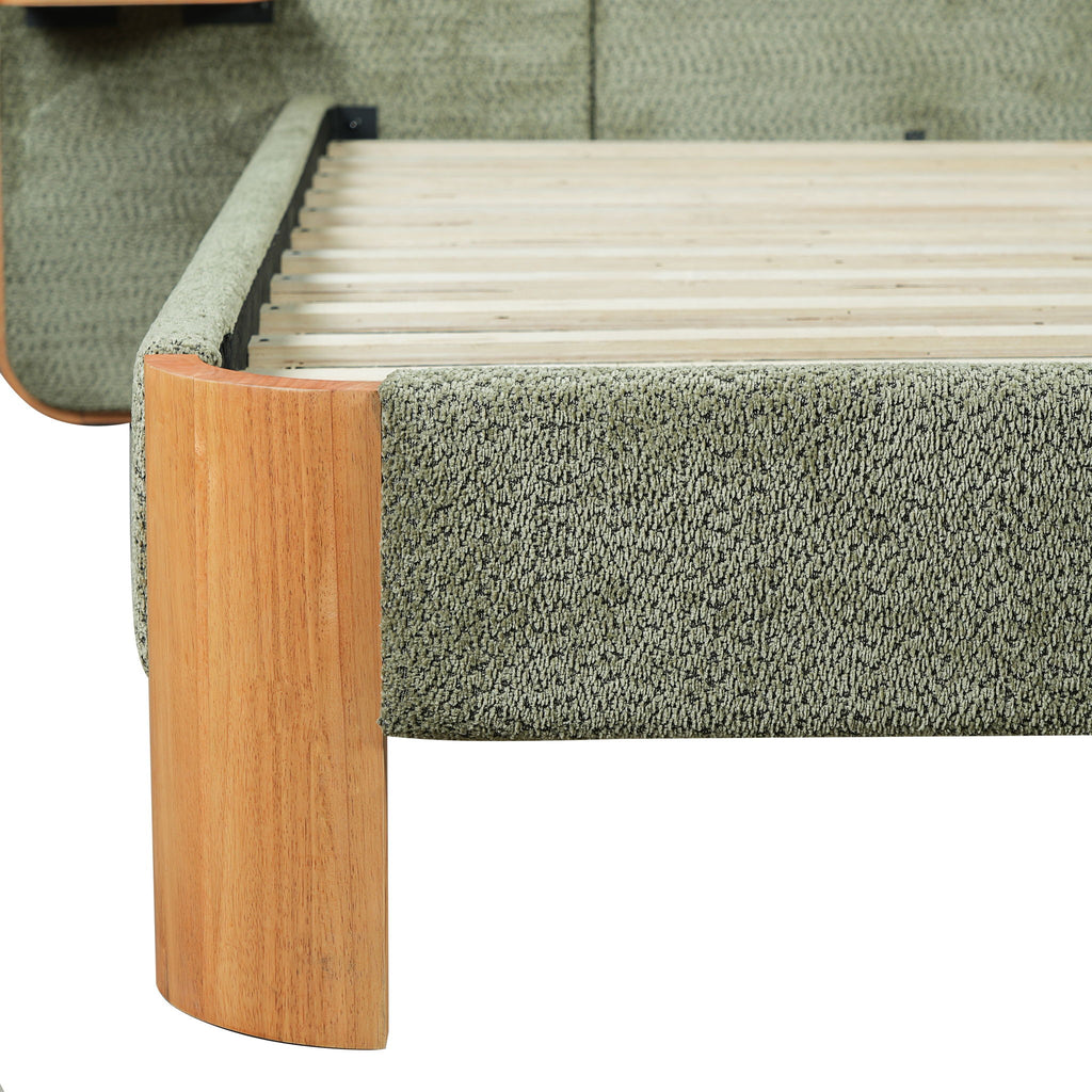 Upholstered Platform Bed Frame With Curved Headboard, Built-In Floating Shelves